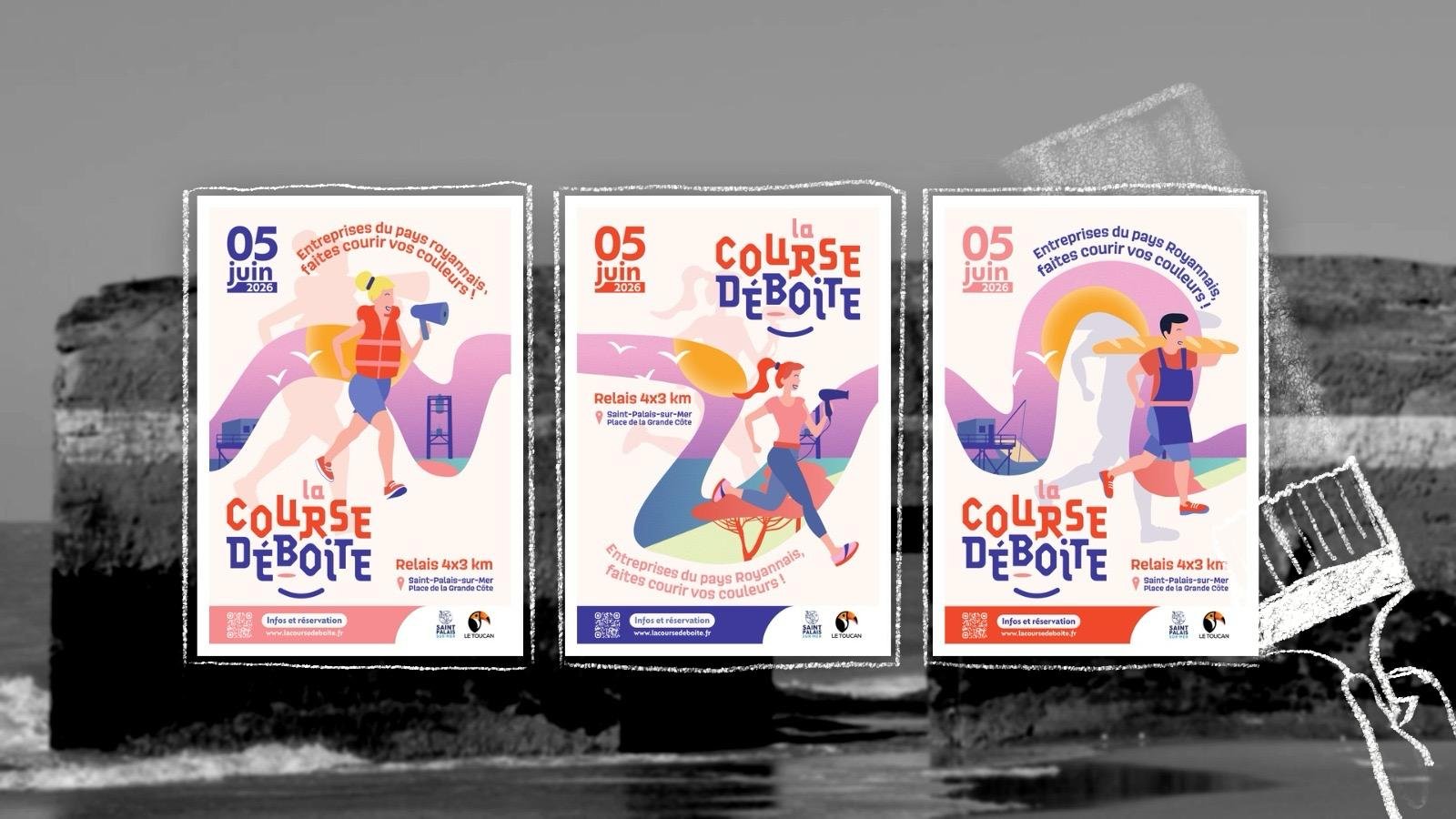 Tríptico de carteles La Course Déboite para Le Toucan